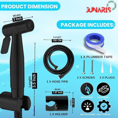Junaris Shattaf Set Handheld Bidet Spryer for toilet | 304 Grade Stainless Steel Bathroom Jet Spray Set Features: Heavy-duty and durable, 150cm BLACK