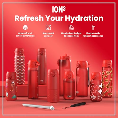 Ion8 Kids Water Bottle, Steel 400 ml/13 oz, Leak Proof, Easy to Open, Secure Lock, Dishwasher Safe, Flip Cover, Carry Handle, Easy Clean, Durable, Metal Water Bottle, Carbon Neutral, Red