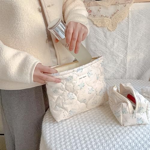 Sminra Floral Makeup Bag Large Cotton Quilted Cosmetic Makeup Bag Organizer, Aesthetic Portable Pouch Purse Toiletry Bag for Women Girls Travel accessories(Blue Floral-L)