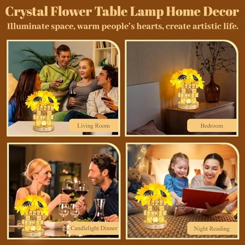 Sunflower Birthday Gifts Crystal Lamp,Flower Table Lamp USB Rechargeable,3 Color Dimming Night Light Bedroom Living Room Decoration,Valentine Day,Mothers Day,Christmas Day Gift (Sunflower)