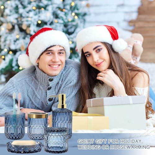 Topsky Blue Bathroom Accessory Set, Glass Bathroom Decor Countertop Organizer,5Pcs Bathroom Accessories with Lotion Dispenser(Cylindrical), Soap Dish, Toothbrush Holder, Tumbler, Cotton Swab Jars