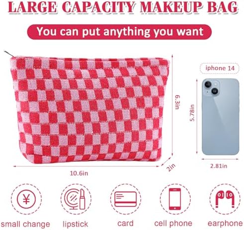 ZLFSRQ 3Pcs Checkered Makeup Bag for Women Large Cosmetic Bag Set Travel Toiletry Bag Makeup Pouch Bag for Purse Pink Zipper Storage Bag Organizer Cute Small Aesthetic Girls Car Essentials Bag