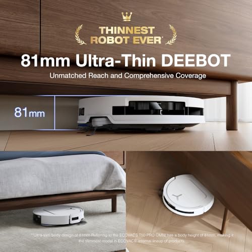 ECOVACS 2025 NEW LAUNCH DEEBOT T50 PRO Omni Robot Vacuum and Mop, 8.1cm Ultra-Thin, 15000Pa Suction, ZeroTangle, TruEdge, Obstacle Avoidance, Auto Mop Wash/Dry/Refill, Self-Emptying,Pet Hair Friendly