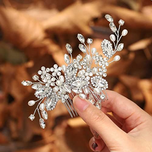 TERRIFI Crystal Bride Wedding Hair Comb, Pearl Bridal Hair Piece Hair Accessories for Women and Girls, Silver