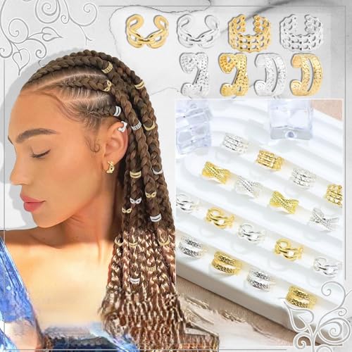 tewiaii 32 Pcs Hair Jewelry for Braids Gold&Silver Hair Cuffs Adjustable Braid Jewelry Non-Piercing Ear Clips Multi Style Loc Dreadlock Accessories for Women and Girls (Style3(32Pcs))