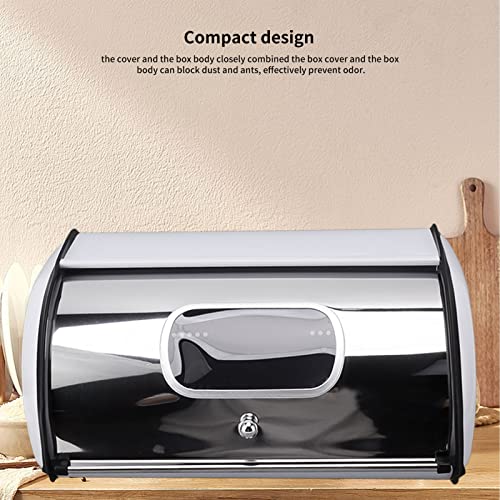 Airshi Metal Bread Box, Multi Purpose Bread Holder Large Capacity Sleek Mirror Finish Roll Top Bread Container with Clear Small Window for Kitchen Countertop, Island and Pantry (White)