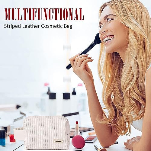 Small Makeup Bag, PU Striped Leather Cosmetic Bag, Portable Travel Makeup Pouch,Waterproof Cosmetic Pouch with Handle,Cute Makeup Bags for Women and Girls (Blue)