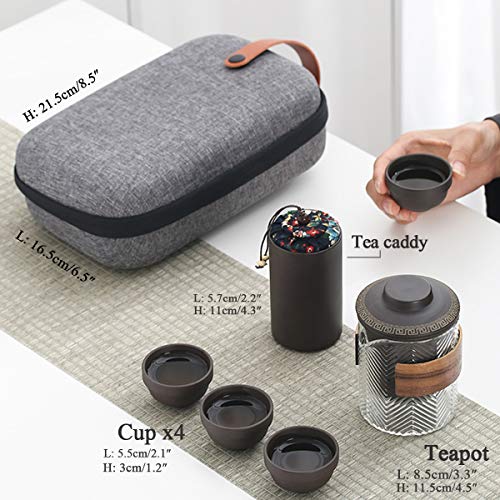 TOLOG Travel Chinese Kung Fu Ceramic Teapot Portable Handmade, Teapot Teacups All in One Gift Bag for Adults (purple clay tea sets 3)