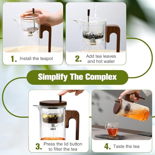 Enchanti Tea Pot, Glass Teapot with Infuser Strainer, Intelligent Water Glass Teapot with Dual Infusers Water Separation Technology,Magical Push Control Glasses Teapot for Loose Leaf&Herbal Teas-600ML