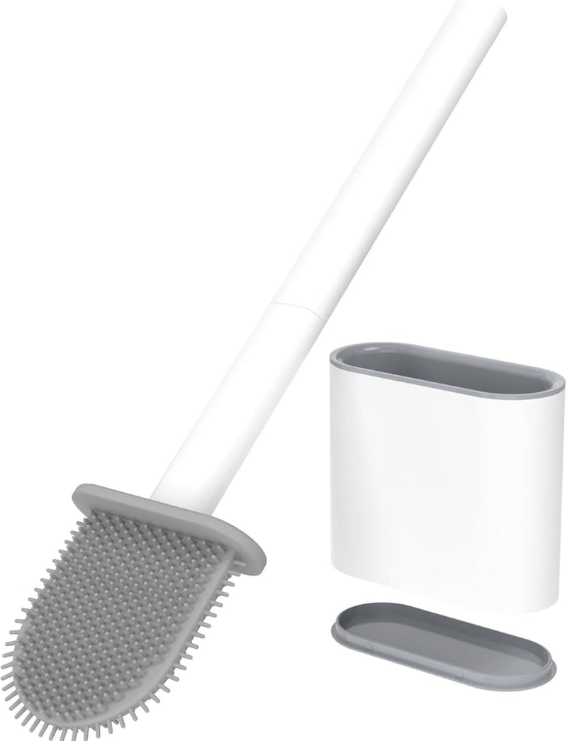 McMola Silicone Toilet Brush and Holder Set - No-Drill Wall Mounted or Freestanding Bathroom Scrubber, 360 Flexible TPR Bristles for Deep Under-Rim Cleaning, Quick-Drying & Anti-Drip (White)