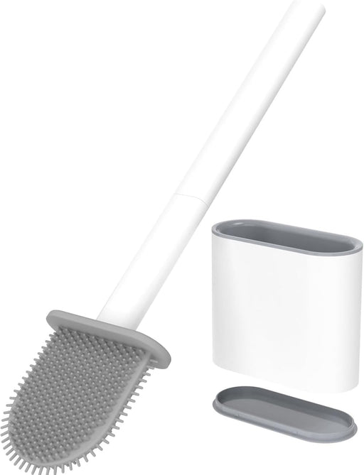 McMola Silicone Toilet Brush and Holder Set - No-Drill Wall Mounted or Freestanding Bathroom Scrubber, 360 Flexible TPR Bristles for Deep Under-Rim Cleaning, Quick-Drying & Anti-Drip (White)