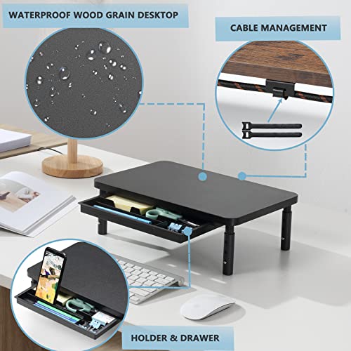 ETHU Monitor Stand Riser, 3 Height Adjustable Monitor Stand with Storage Drawer Desk Organizer Ergonomic Stand for Computer Printer Laptop PC iMac Black