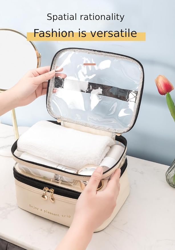ORiTi Double Layer Makeup Bag Solid Color PU Transparent Wash Bag Portable INS Fashionable waterproof Travel Portable large capacity Storage Bag - Beige