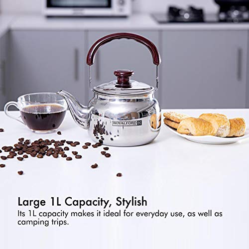 Royalford Stove Top Tea Kettle â€“ Large Capacity Stainless Steel Stove-top Tea Pot - Tea Coffee Pot Ideal for Home Office & Hotel â€“ Compact & Stylish Design with Heat Resistant Handle, 1 Liter