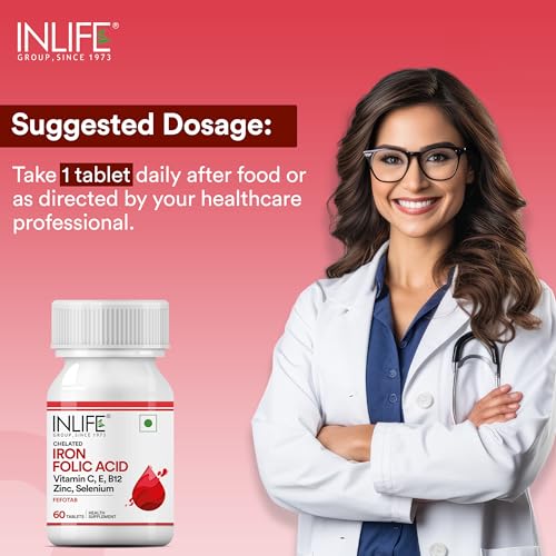INLIFE Chelated Iron Folic Acid Supplement with Vitamin C, E, B12, Zinc & Selenium for Men Women - 60 Tablets (Pack of 1)