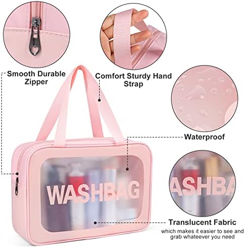 YuanCheng Upgrade Travel Toiletry Bags for Women, Pack-4 Different Size Make Up Bags with Handle, Large Capacity Translucent Waterproof Travel Cosmetic Bags (Comestic Bag-Pink)