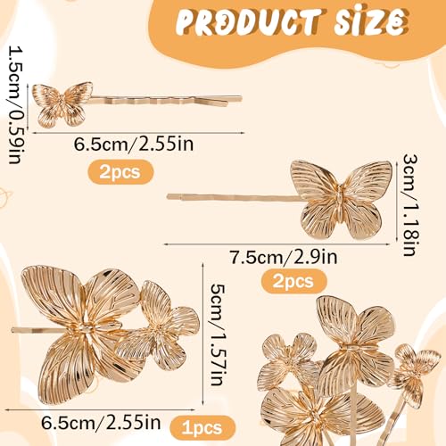 Piriuuo 5 Pieces Gold Butterfly Hair Clips, Butterfly Hair Pins Bridal Wedding Decoration Hair Pins Bride Headwear Butterfly Hair Accessories for Women and Girls