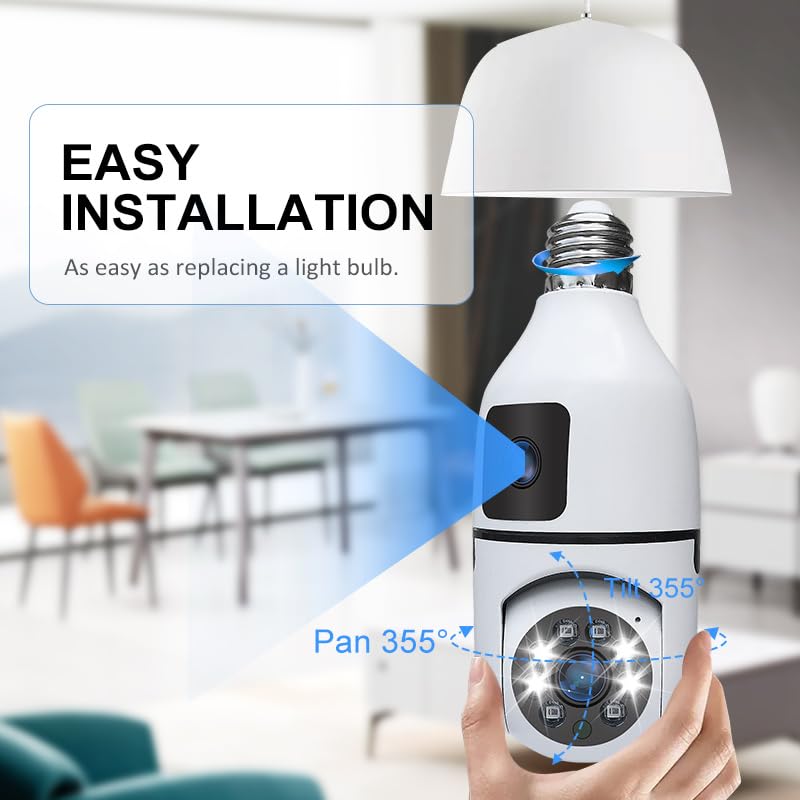 Dual WIFI Light Bulb Security Camera - 360° WiFi CCTV Camera for Home - 1440P HD Night Vision, Motion Detection-Two-Way Audio, Auto-Tracking - Light Socket Security Camera - Easy Setup & Remote View