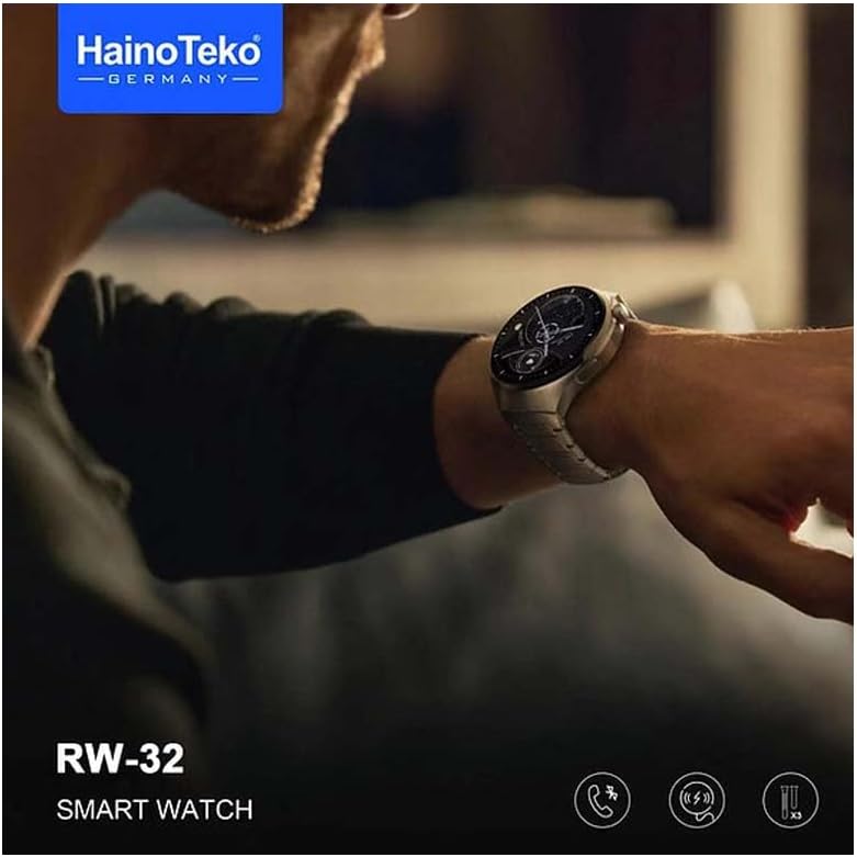 Haino Teko Germany RW 32 Round Smart Watch with 3 set Strap and Wireless Charger For Mens and Boys (Silver)