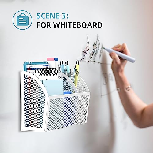 DALTACK Magnetic Pencil Holder Magnetic Shelf for the Whiteboard 3-Grid Mesh Magnetic Pen Holder for Refrigerator Magnetic Organizer Locker Accessories Organizer for Home, School and Office, White