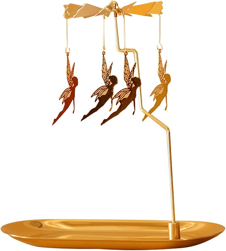 Creahaus Rotating Candle Holder with Tray, Gold Candle Spining Metal Holder for Christmas, Valentine's Day, Party Table Decor, Gift (Gold Carousel)