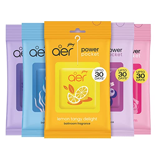 Godrej aer Power Pocket Air Freshener- Bathroom And Toilet Lasts Up To 30 Days Assorted Pack Of 5 (50G), Multicolour, 40017848