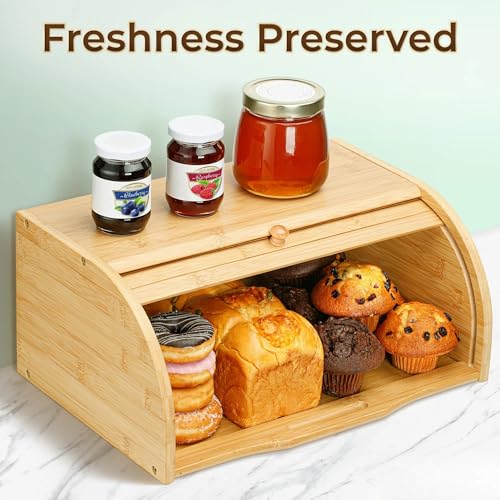 THE WHITE SHOP Premium Bamboo Bread Box, Bread Storage And Organizer, Organizer For Kitchen Countertop, Assembly Required