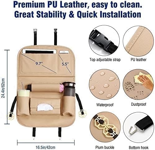 Car Backseat Organizer with Tablet Holder, Touch Screen Tablet Hanger Stand for Kids Toddlers and Storage, Cup Umbrella Tissue Holder, Kick Mats Protector Car Accessories Pack of 1 (Beige)