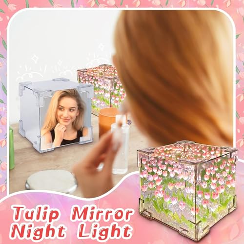 Excefore DIY Tulip Night Light, 21 Flowers Cloud Mirror Tulip Lamp, Infinity Mirror Lights, Light and Mirror 2 in 1 Portable LED Bedside Lamps, Flower Girl Gifts for Friends Couple Birthday
