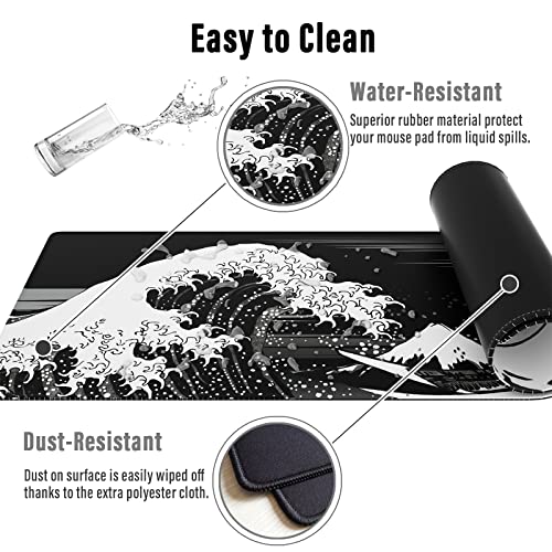 Ovenbird Extended Gaming Computer Mouse Pad, Large Black Mouse Pad for Desk, Cute Anime Japanese Great Wave Desk Pad for Keyboard and Mouse, Black, 31.5 x 11.8 x 0.12 inches