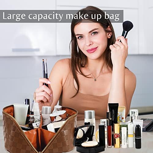 ALEXTINA Large Capacity Travel Cosmetic Bag - Portable Makeup Bags for Women Travel Toiletry Bag Waterproof Leather Checkered Makeup Organizer Bag, Roomy Cosmetic Bag for Women and Girls, Black,