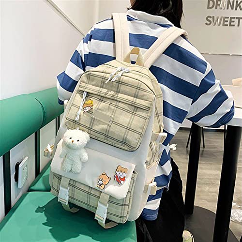 XTRANSF Kawaii Backpack 5pcs Set Aesthetic School Bags, Japanese Backpack with Badge & Pendant, Backpack Cute Aesthetic (C-Green)