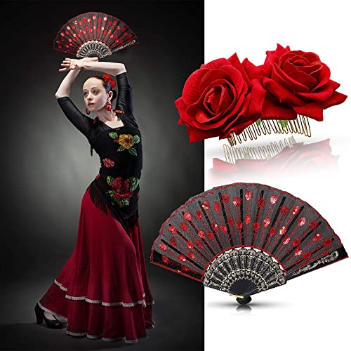 TERRIFI 2 Pieces Women Rose Flower Hair Clip and Embroidered Sequins Fabric Handheld Folding Fan Hair Accessories for Flamenco Dancer Costume Accessories Girl Cosplay Party
