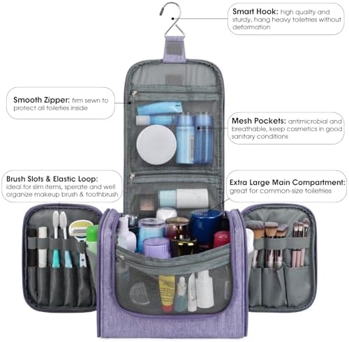 WANDF Large Hanging Toiletry Bag Travel Cosmetic Makeup Organizer Water-Resistant Shower Bathroom Bag for Women and Men (Dark Pink)