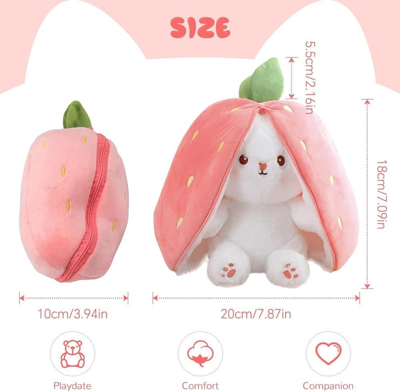AMERTEER Strawberry Bunny Plush Toy Cute Transformed Bunny Doll Fruit Rabbit Pillow, Small Soft Plush Pillow for Kids Girls, Transformable Fruit Rabbit Toy (18cm)