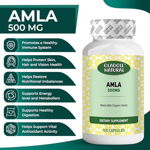 Oladole Natural Amla Extract- 500mg (120 Capsules) | High Vitamin C Powerful Antioxidant | For Hair, Skin & Immunity, Boost Energy, Metabolism, Promotes Hair Growth, Digestion | Non- GMO, Gluten Free