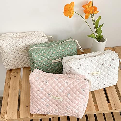 Juoxeepy Cotton Makeup Bag Large Travel Cosmetic Bag Quilted Cosmetic Pouch Coquette Aesthetic Floral Toiletry Bag, A-White, 10x5.9x5.3in