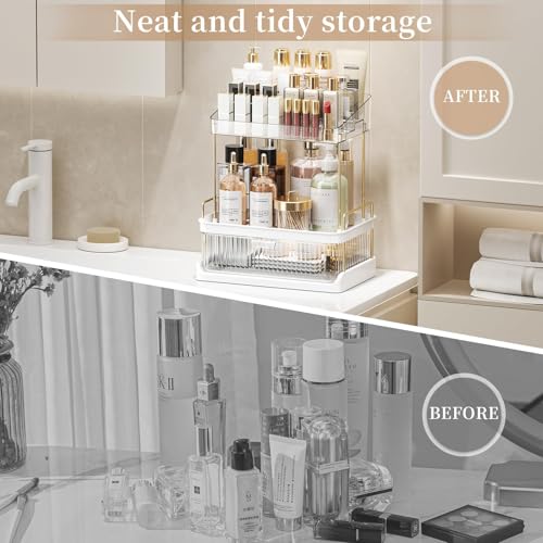 Makeup Organizer For Vanity, Drawer Skincare Organizer With Compartment, 2 Tier Large Bathroom Counter Organizer, Multi-purpose Makeup Organizer Countertop Exquisite, White Clear