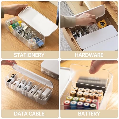 Cable Organizer Storage Box with 7 Wire Ties, Desktop Cable Management Box with Lid, Power Cord Organizer with 7 Compartments for Office, Home, Desk Accessories Storage Stationery Supplies White