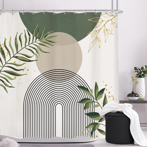 Boho Sage Green Shower Curtain 180 * 180CM, Abstract Bohemian Mid Century Modern Bathroom Curtain, Curtain for Home Bathroom Hotel Decor with Hooks