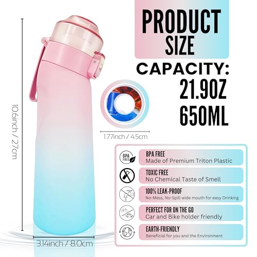 Hevenare Air Up water Bottle with 7 Flavored Pods (Pod Holder Included) Air Up Water Bottle Multi Colors,Fruit Scented Flavored Bottle for Kids,Sports & Travel 650ml, Leak Proof (Gradient Pink & Blue)