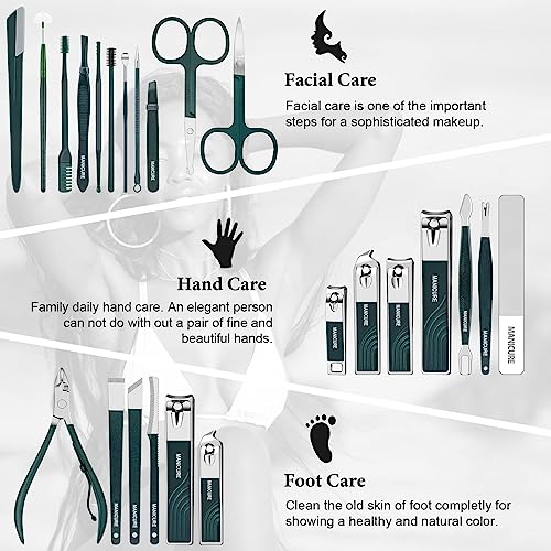 NALACAL Manicure Set Nail Clippers Kit 22 Pcs Professional Pedicure Set Sharp and Durable Stainless Steel Nail Care Tools for Men Women with Luxurious Travel Case (Dark Green)