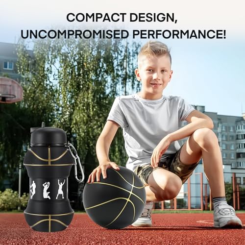 Kids Sports Collapsible Water Bottle for outdoor activities School, Sports, BPA-Free, Leakproof - 550ml/18.6oz, Basketball Black