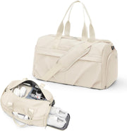 Gym Bag for Women Men with Shoe Compartment, Sport Duffel Bag, Waterproof Travel Weekender Overnight Carry on Bag for Yoga with Trolley Sleeve, Black, A-Black, Shoe Compartment - A6-Beige