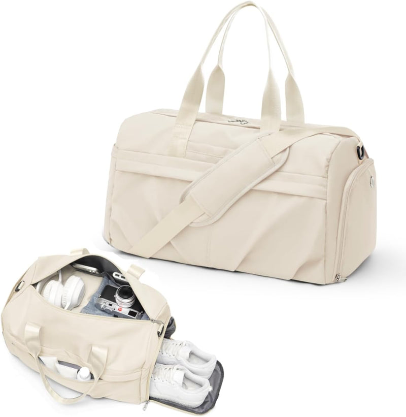 Gym Bag for Women Men with Shoe Compartment, Sport Duffel Bag, Waterproof Travel Weekender Overnight Carry on Bag for Yoga with Trolley Sleeve, Black, A-Black, Shoe Compartment - A6-Beige