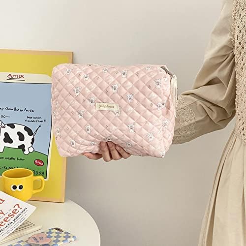 Juoxeepy Cotton Makeup Bag Large Travel Cosmetic Bag Quilted Cosmetic Pouch Coquette Aesthetic Floral Toiletry Bag, A-White, 10x5.9x5.3in