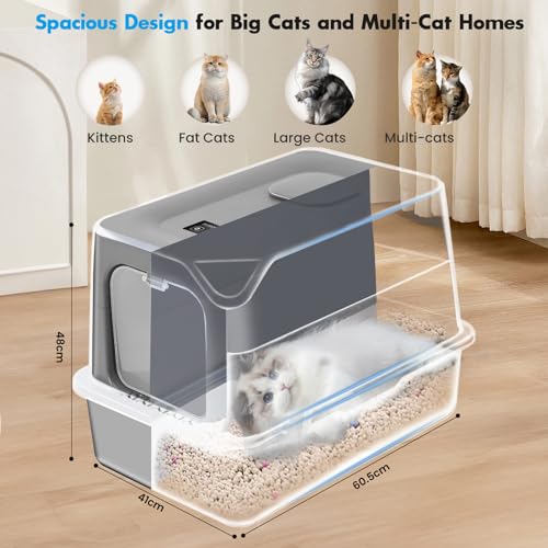 Angju Stainless Steel Cat Litter Box with Lid, Extra Large Cat Litter Box with Plasma Deodorizing for Eliminating 99% Odor, Enclosed Cat Litter Boxes, Metal Covered Litter Box, Anti-Urine Leakage