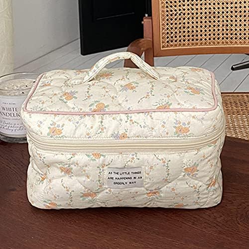 Juoxeepy Cotton Makeup Bag Large Travel Cosmetic Bag Quilted Cosmetic Pouch Coquette Aesthetic Floral Toiletry Bag, A-White, 10x5.9x5.3in