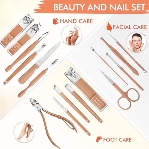 NINEMAX Manicure Set Nail Cutter Clipper Kit 16pcs Stainless Steel Rust Leather Case Sizes Pedicure for Women Men Travel Home Gift Giving Pink