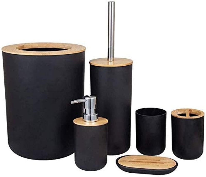 Bamboo Wooden Bathroom Accessories Set, 6 Pcs Set Toilet Brush, Soap Dispenser, Waste Bin, Toothbrush Holder, Soap Dish Cup Set Can Be Used Repeatedly